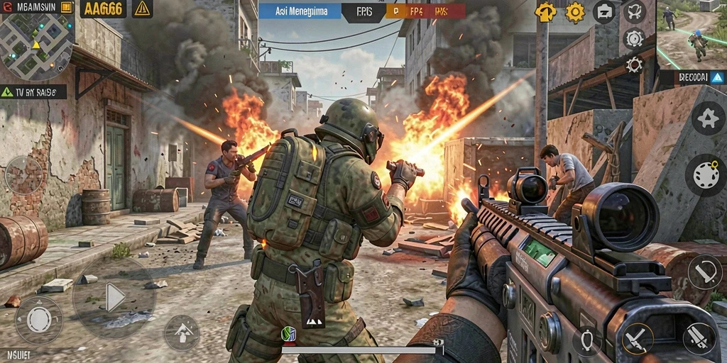 Tangkapan layar utama dari gameplay intens AA666 di dunia FPS.
