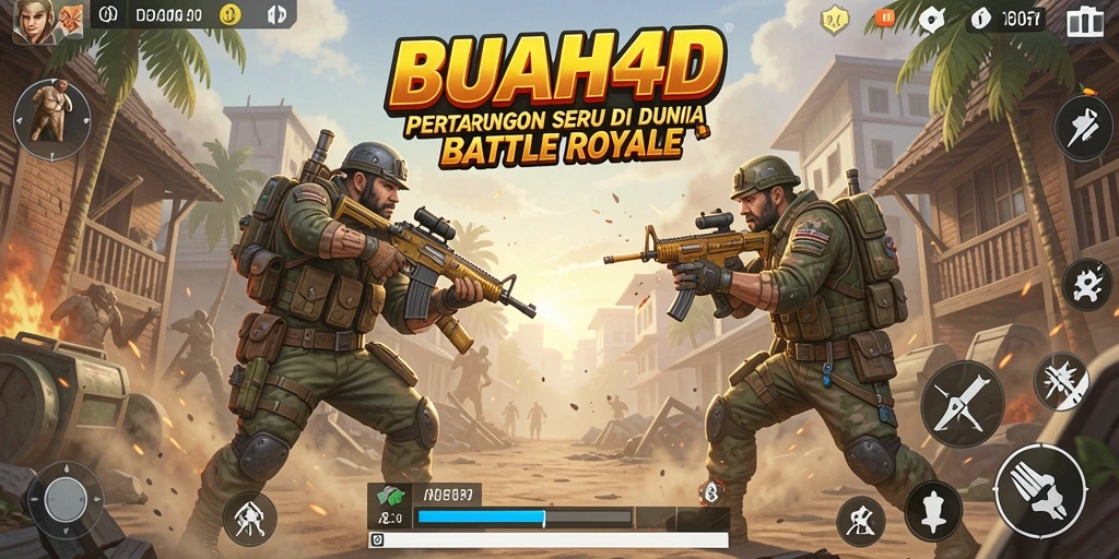 Tangkapan layar gameplay <strong>BUAH4D</strong> menampilkan aksi pertempuran intens di arena luas.