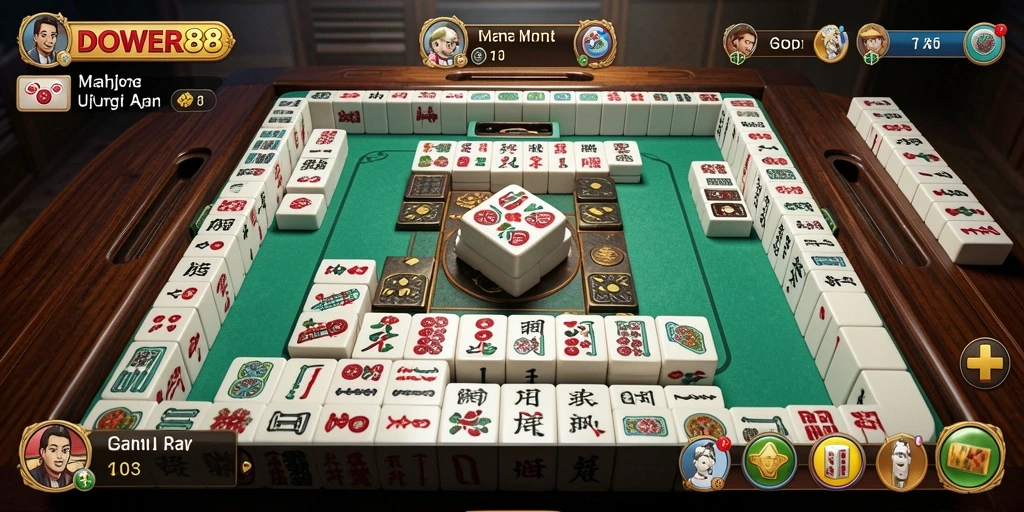 Tampilan gameplay seru dari DOWER88 yang menampilkan kombinasi ubin Mahjong.