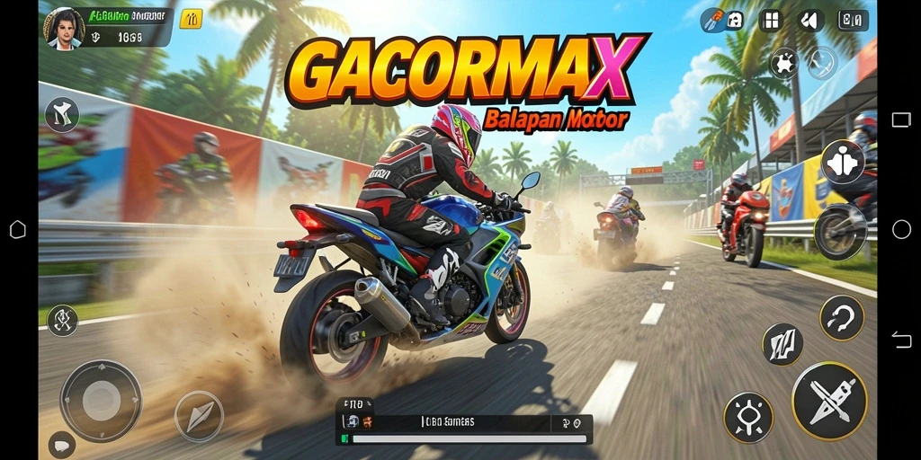 Gameplay GACORMAX menampilkan balapan motor yang menegangkan dan seru.