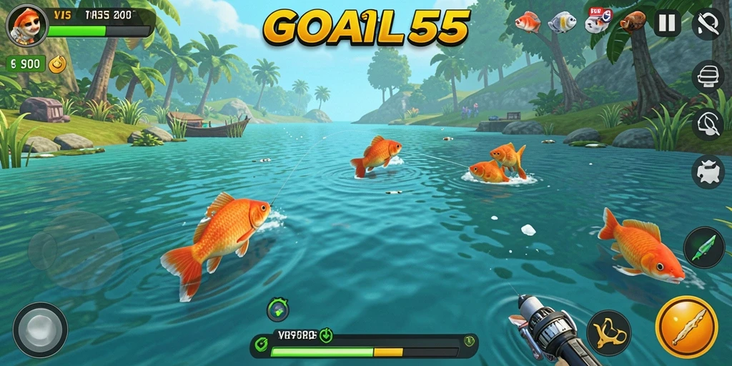 Screenshot gameplay menampilkan aksi memancing yang mendebarkan dan ikan yang beragam.