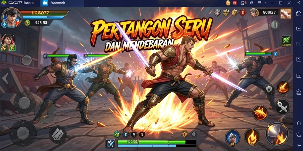 Screenshot GOGO77 menampilkan pertarungan epik antar karakter dengan efek visual yang mengesankan.