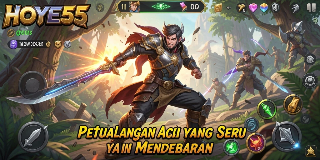 Screenshot HOYE55 menampilkan aksi mendebarkan di tengah peperangan epik.