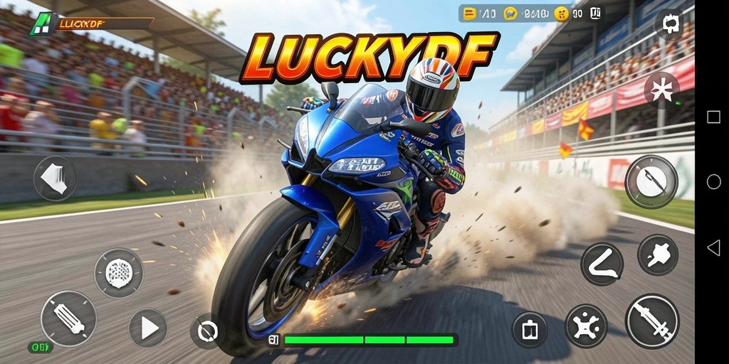 Tampilan gameplay LUCKYDF yang penuh aksi balapan motor.