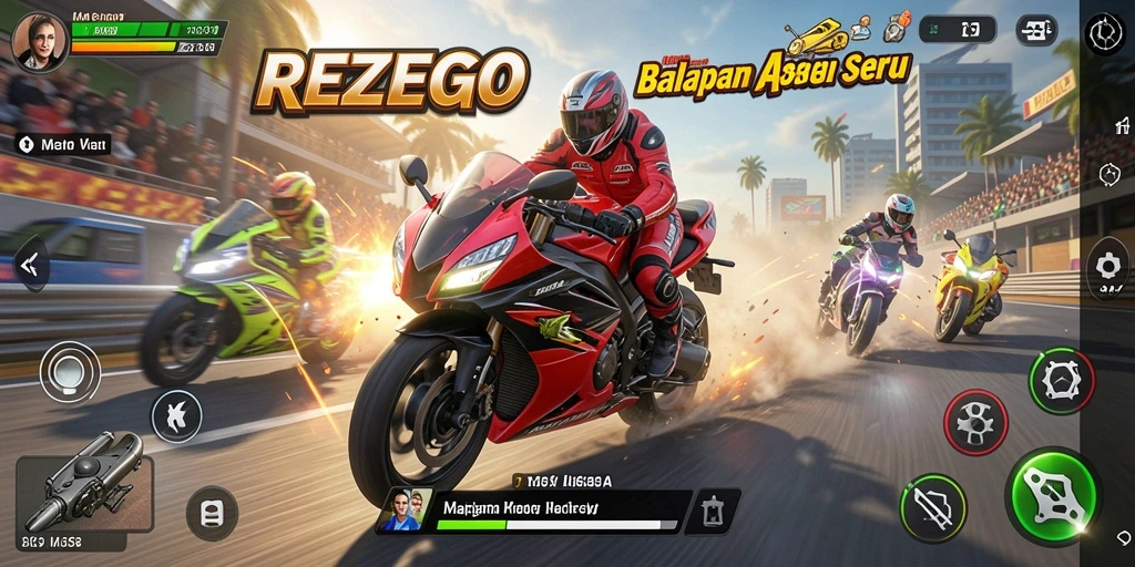 Screenshot gameplay balapan motor yang mendebarkan di REZEGO.