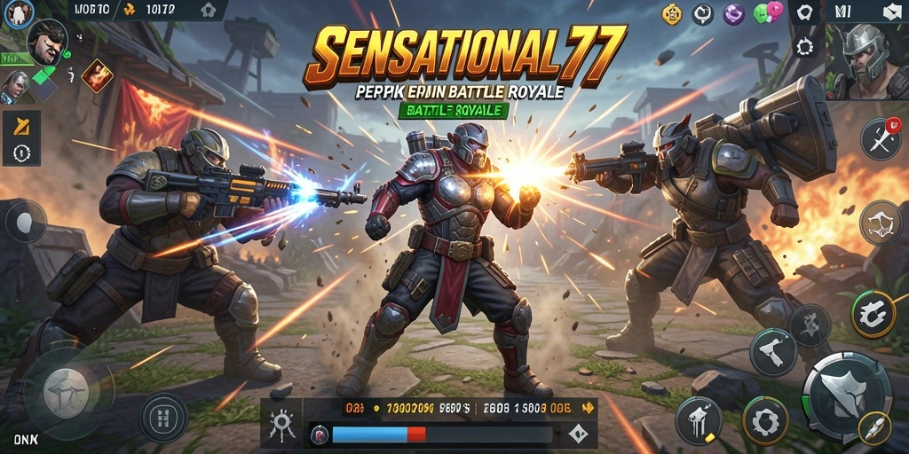Screenshot gameplay SENSATIONAL77 menampilkan aksi intens Battle Royale.