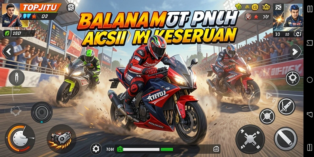 Screenshot gameplay <strong>TOPJITU</strong> yang menunjukkan balapan motor yang mendebarkan.