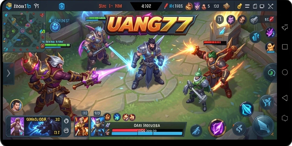Screenshot UANG77 menampilkan pertarungan intens dalam arena MOBA.